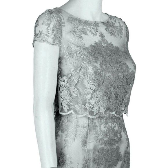 Adrianna Papell 2 Ornate Embroidered Floral Metallic Bateau Illusion Column Gown - Picture 2 of 10